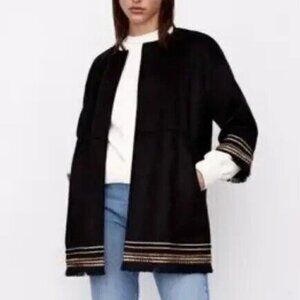 Zara Oversized Vegan Suede Jacket XS fits S M Black Embroidered Fringe Pockets